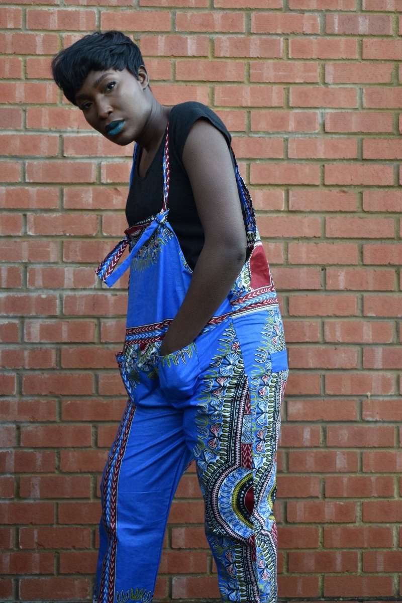 African Dungarees in Blue Dashiki Print - Festival Dungarees - Continent Clothing 