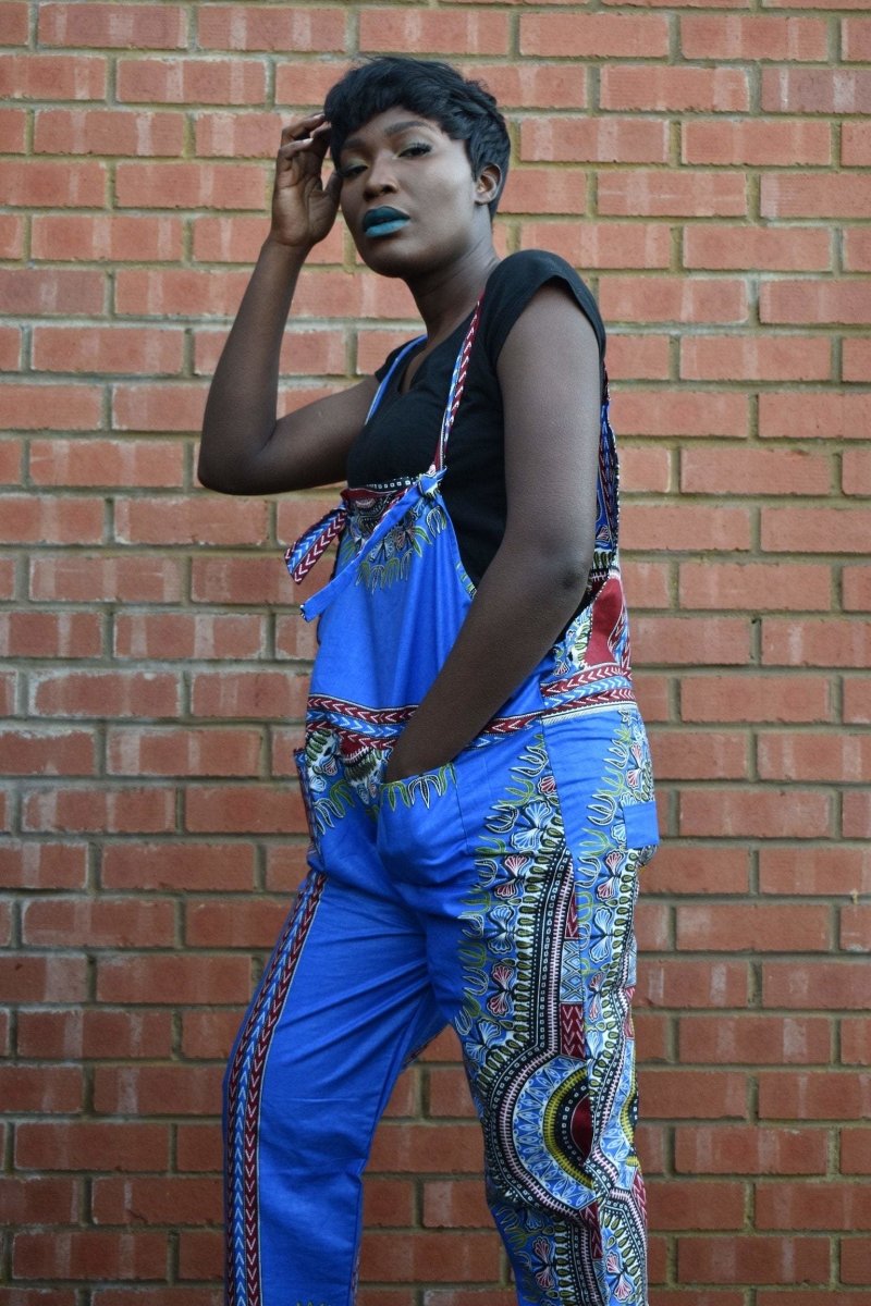 African Dungarees in Blue Dashiki Print - Festival Dungarees - Continent Clothing 