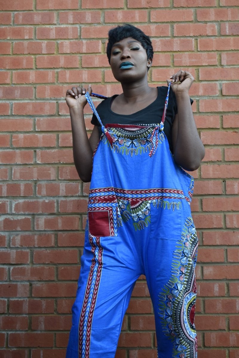 African Dungarees in Blue Dashiki Print - Festival Dungarees - Continent Clothing 