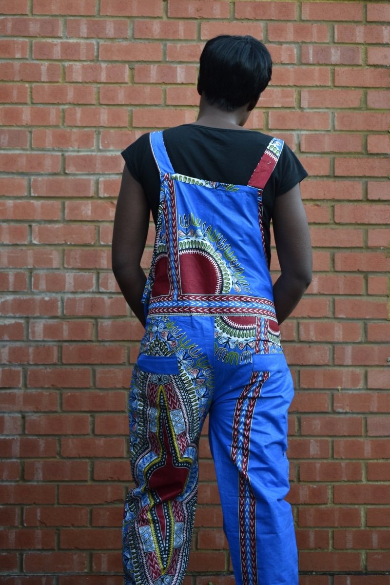 African Dungarees in Blue Dashiki Print - Festival Dungarees - Continent Clothing 