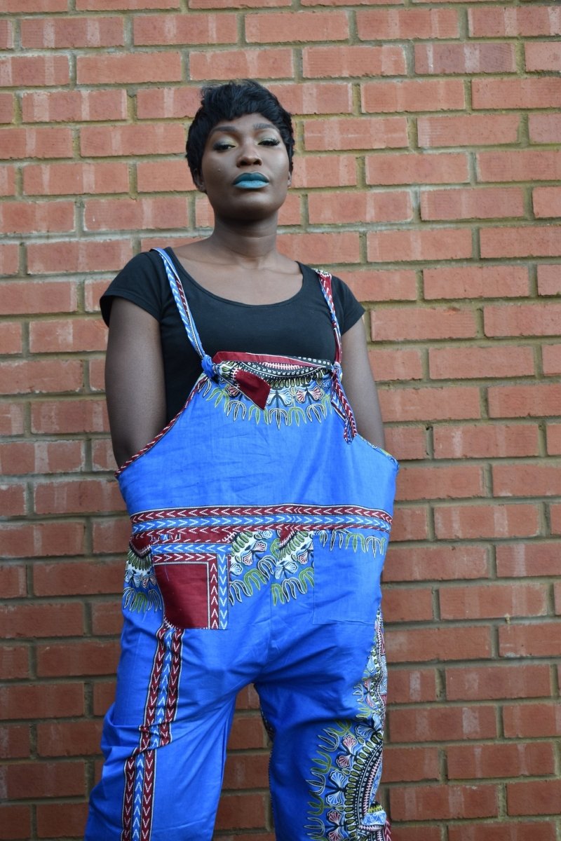 African Dungarees in Blue Dashiki Print - Festival Dungarees - Continent Clothing 