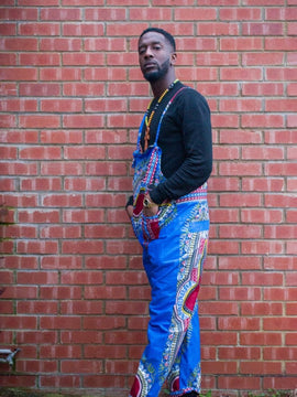 Afrikanische Latzhose im blauen Dashiki-Druck - Festival-Latzhose