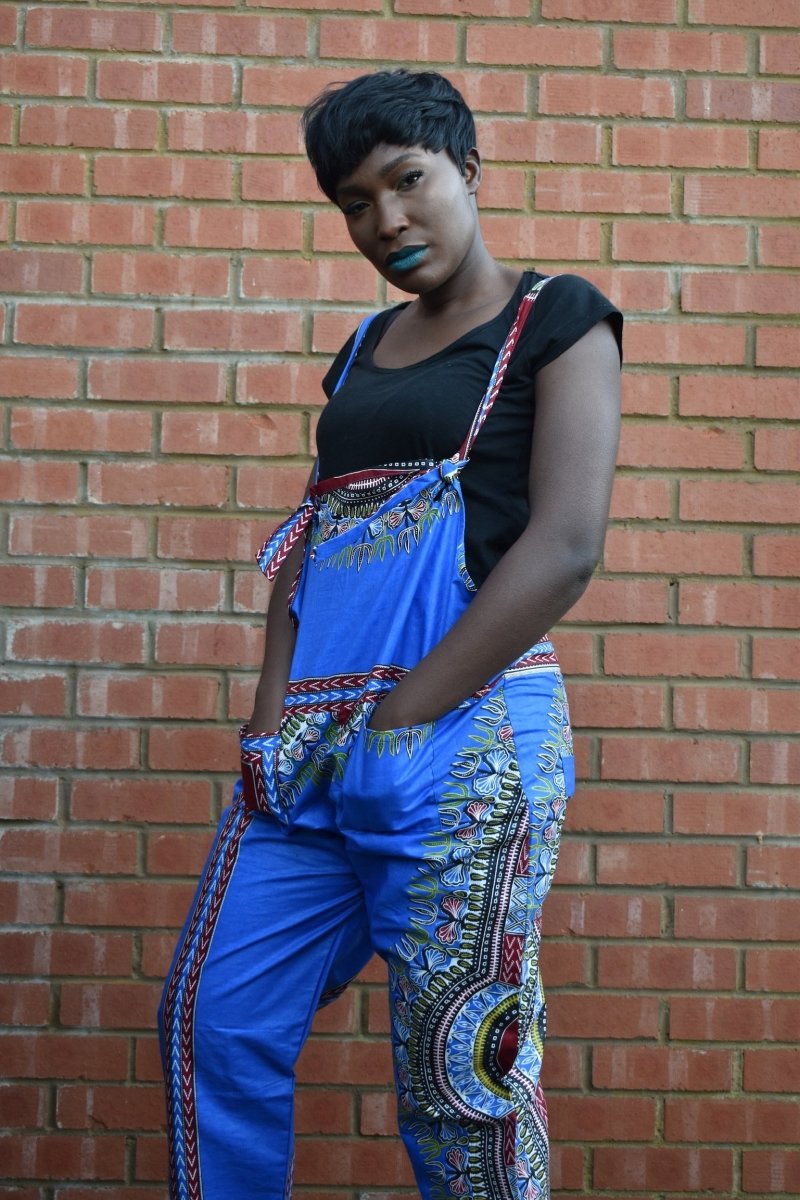 African Dungarees in Blue Dashiki Print - Festival Dungarees - Continent Clothing 