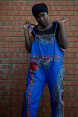 African Dungarees in Blue Dashiki Print - Festival Dungarees - Continent Clothing 