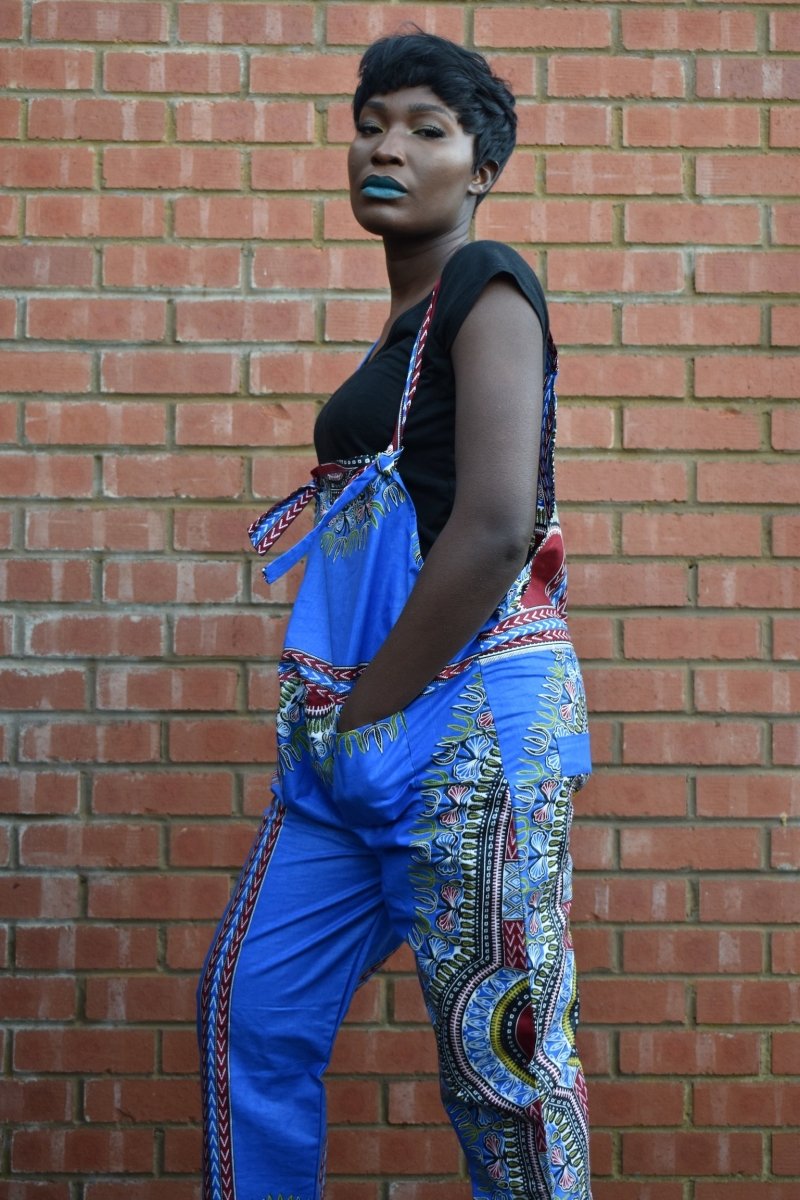 African Dungarees in Blue Dashiki Print - Festival Dungarees - Continent Clothing