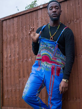 Afrikanische Latzhose im blauen Dashiki-Druck - Festival-Latzhose