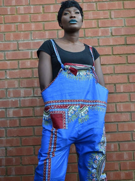 Dungarees africani in blu Dashiki stampa - Festival Dungarees