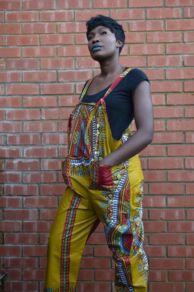 African Dungarees in Brown Dashiki Print - Festival Dungarees - Continent Clothing 