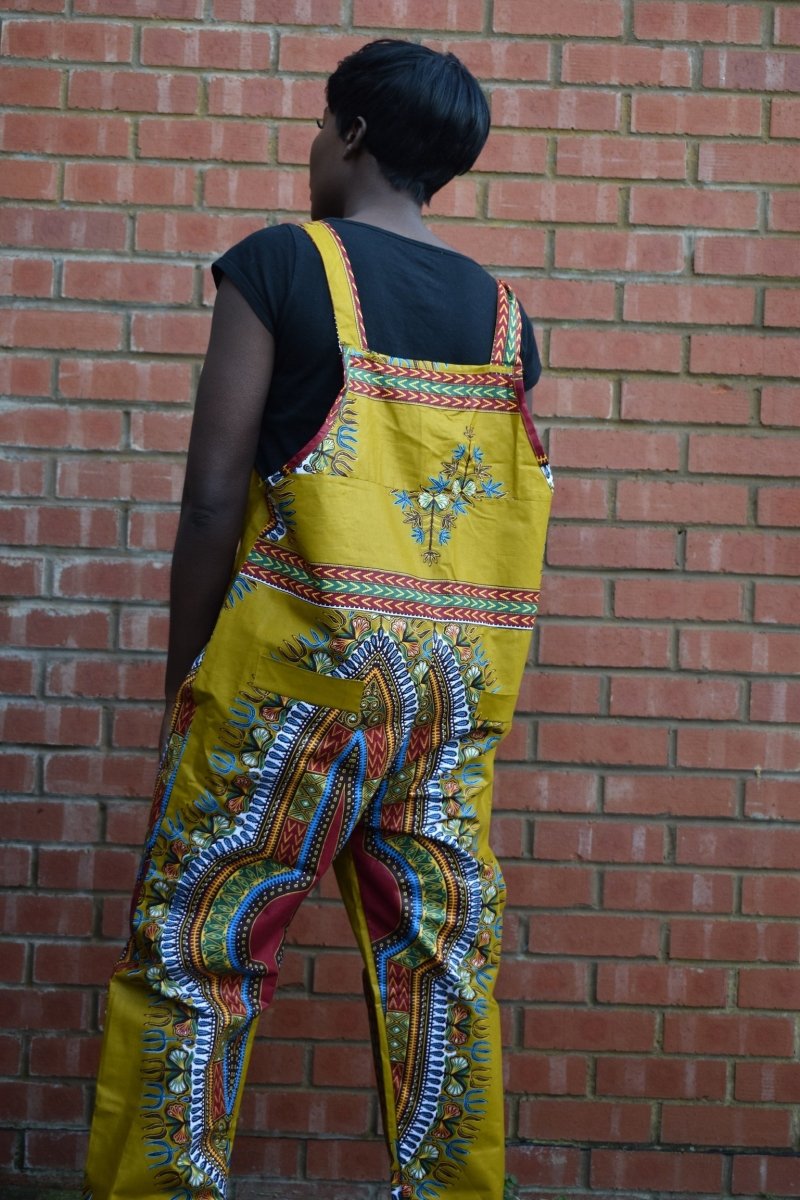 African Dungarees in Brown Dashiki Print - Festival Dungarees - Continent Clothing 