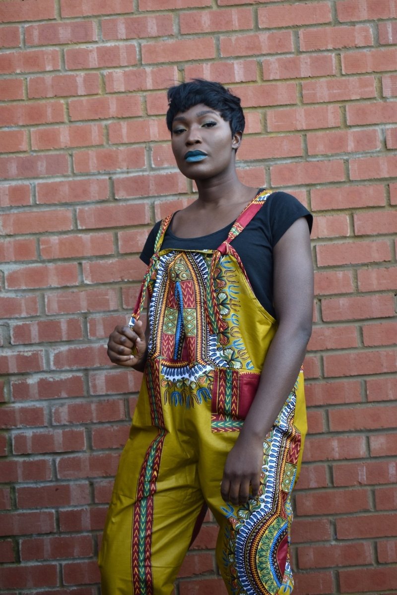 African Dungarees in Brown Dashiki Print - Festival Dungarees - Continent Clothing 