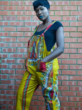 African Print Cropped Dungarees, Squiggle Black