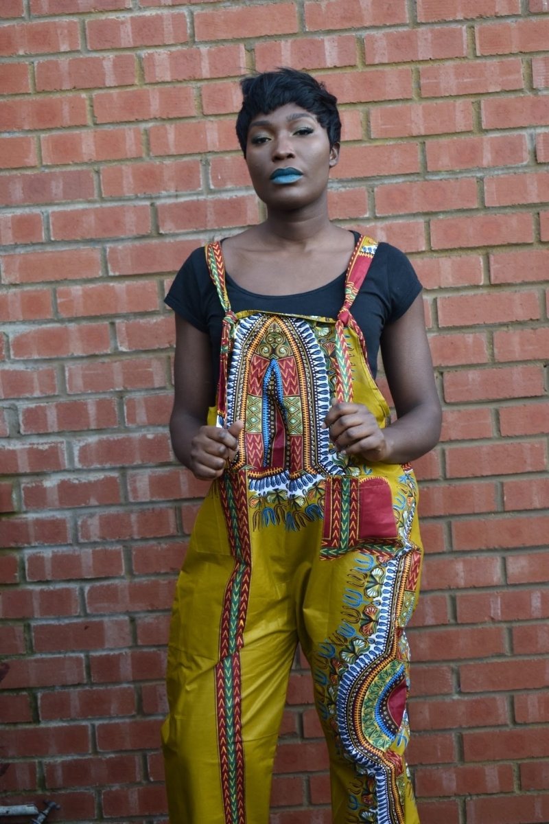 African Dungarees in Brown Dashiki Print - Festival Dungarees - Continent Clothing