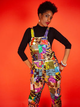 African Print Cropped Dungarees, Squiggle Black