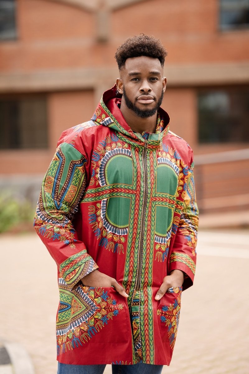 African Hooded Jacket In Red Dashiki - Continent Clothing