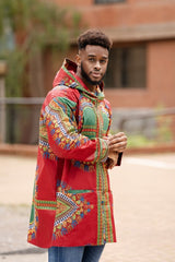 African Hooded Jacket In Red Dashiki - Continent Clothing
