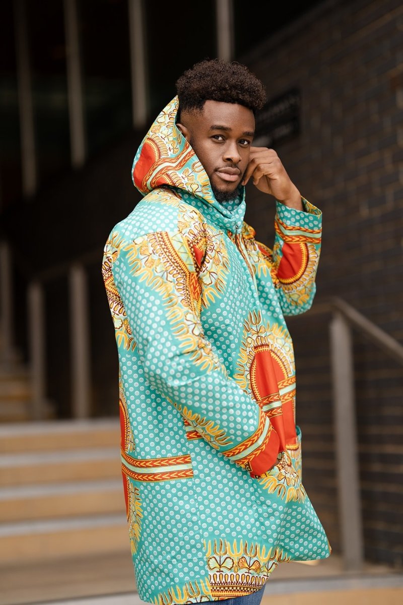 African Hooded Jacket In Turquoise Dashiki - Continent Clothing