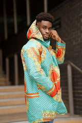 African Hooded Jacket In Turquoise Dashiki - Continent Clothing