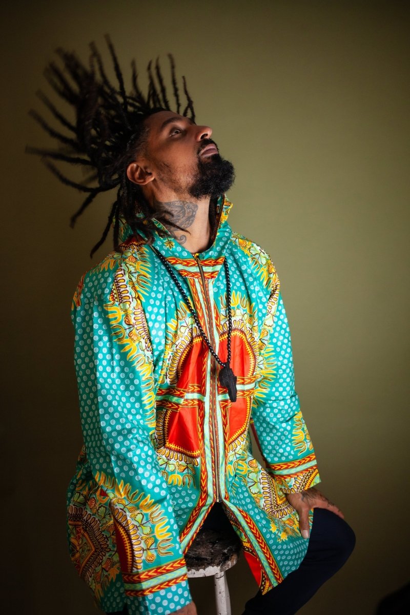African Hooded Jacket In Turquoise Dashiki - Continent Clothing