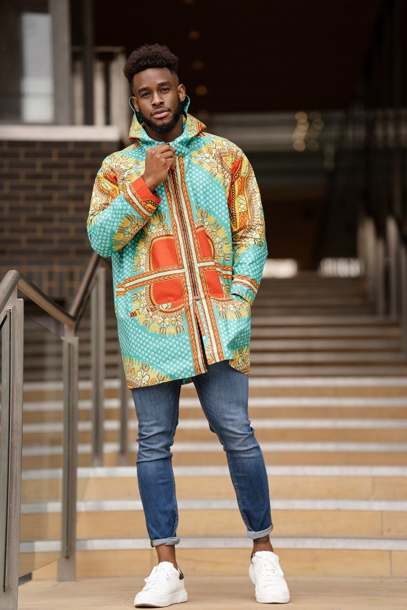 African Hooded Jacket In Turquoise Dashiki - Continent Clothing