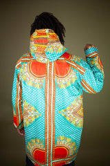 African Hooded Jacket In Turquoise Dashiki - Continent Clothing