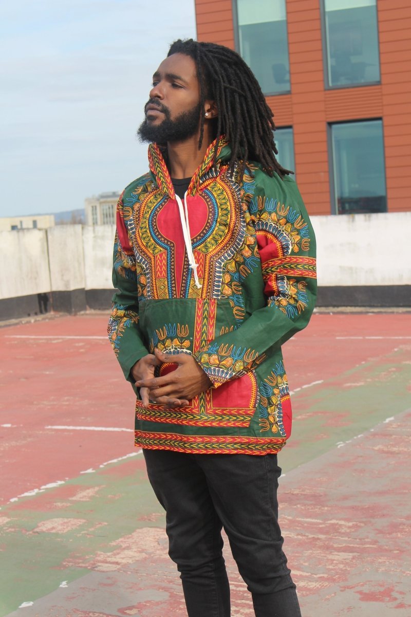 African Hoodie in Green Dashiki Print - Festival Hoodie - Continent Clothing