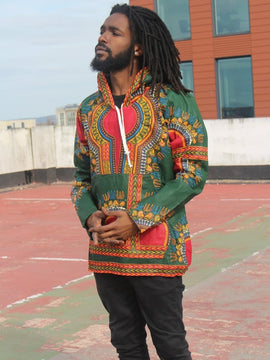 African Hoodie in Green Dashiki Print - Festival Hoodie