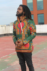 African Hoodie in Green Dashiki Print - Festival Hoodie - Continent Clothing