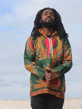 African Hoodie in Green Dashiki Print - Festival Hoodie