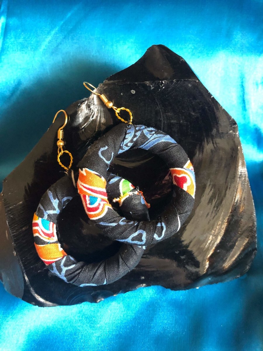 African Hoops in Black Ankara Print - Up cycled Zero Waste Earrings - Continent Clothing