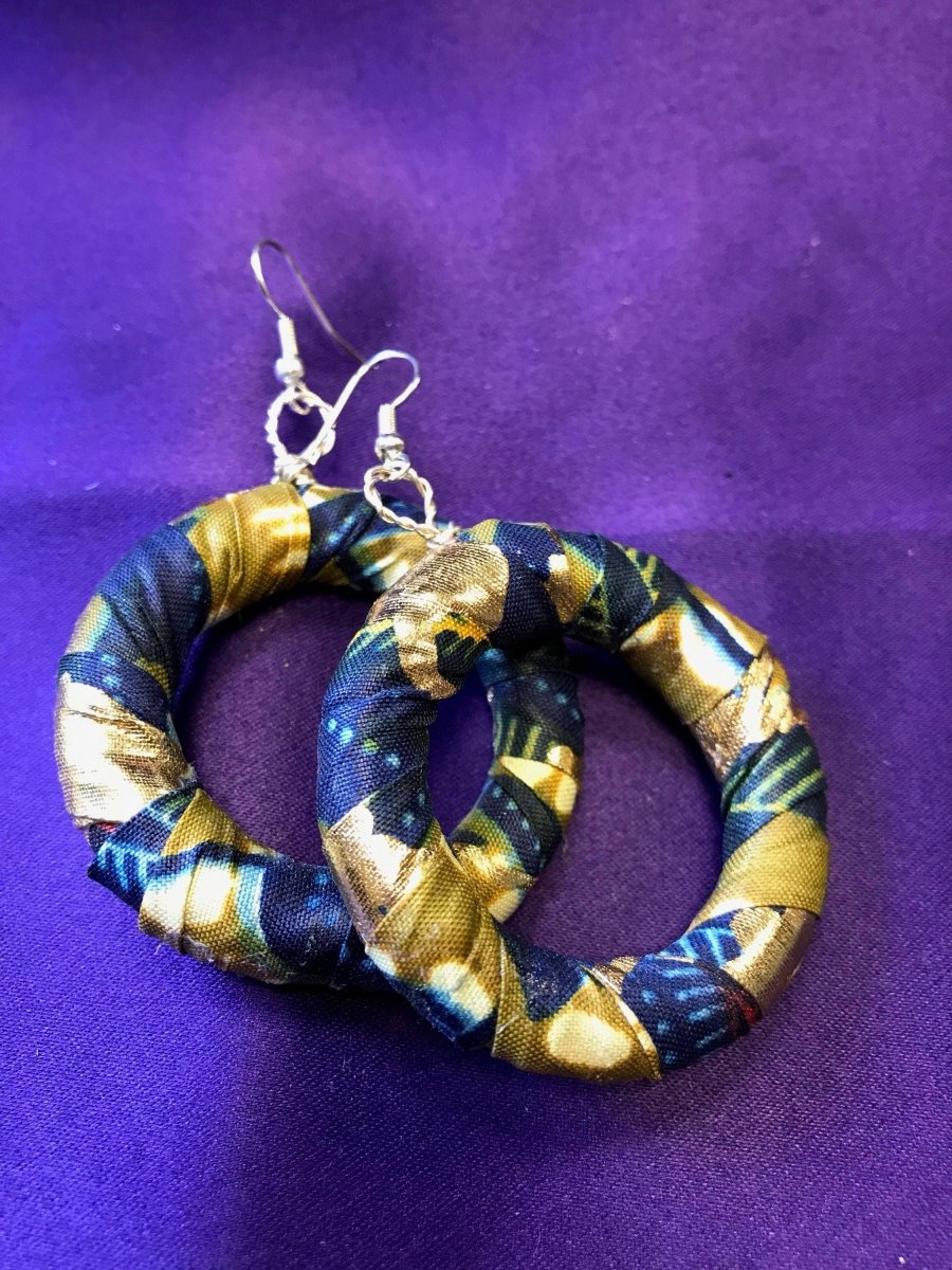 African Hoops in Black Ankara Print - Up cycled Zero Waste Earrings - Continent Clothing