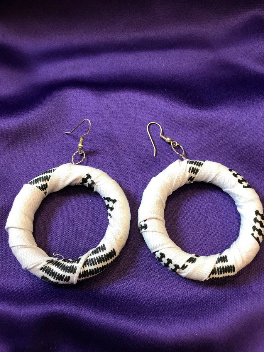 African Hoops in Black White Ankara Print - Up cycled Zero Waste Earrings - Continent Clothing