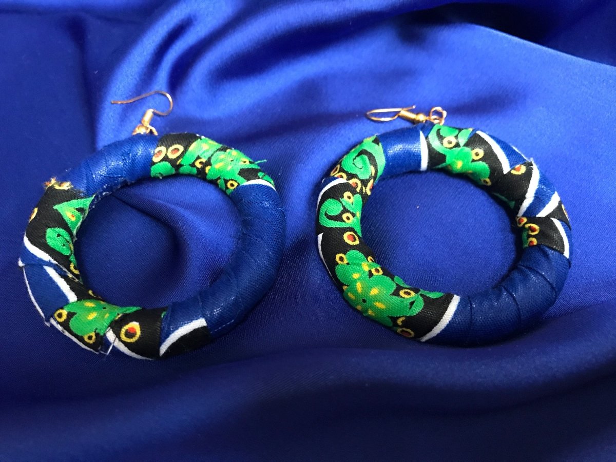 African Hoops in Blue Ankara Print - Up cycled Zero Waste Earrings - Continent Clothing 