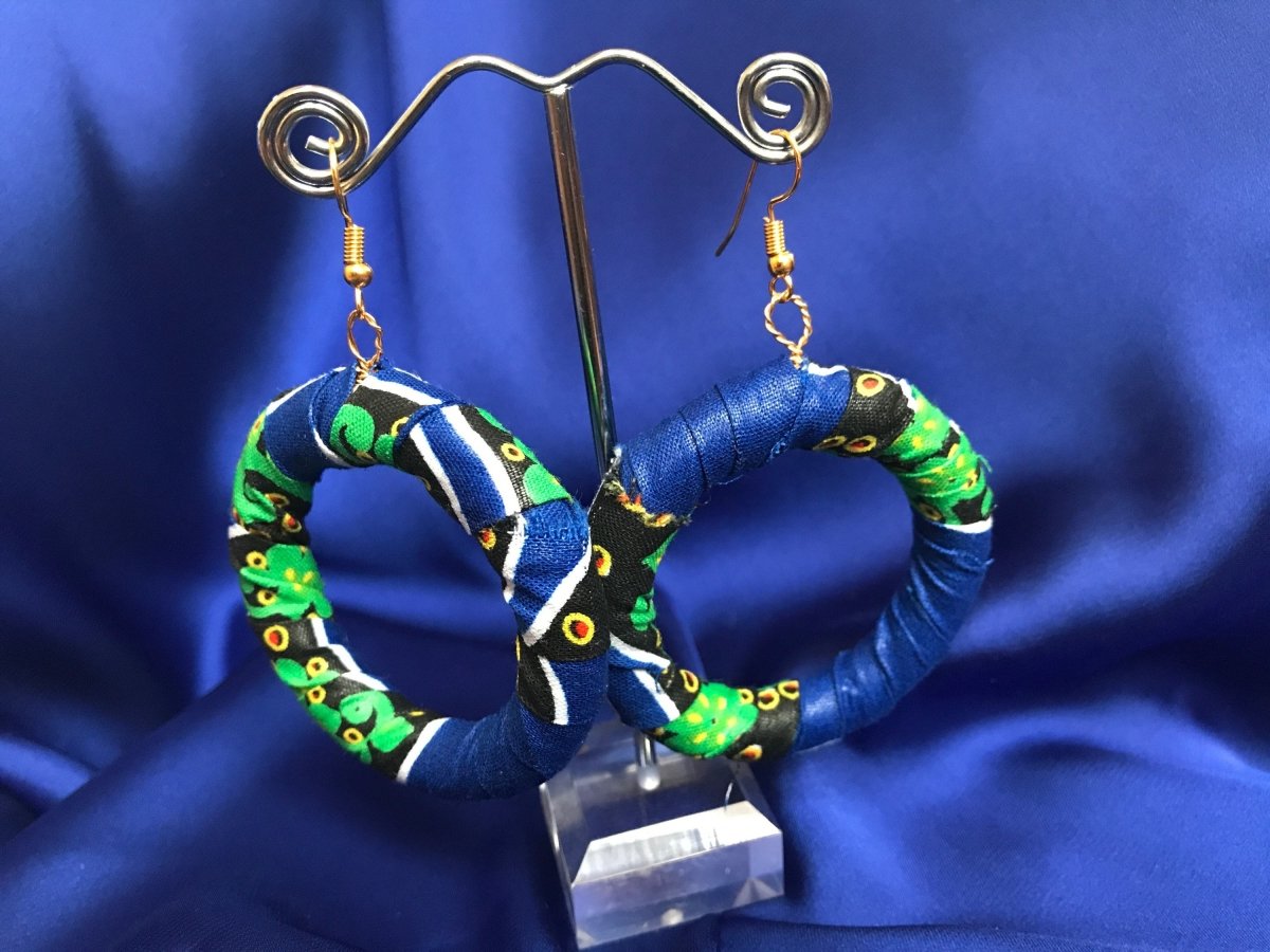 African Hoops in Blue Ankara Print - Up cycled Zero Waste Earrings - Continent Clothing