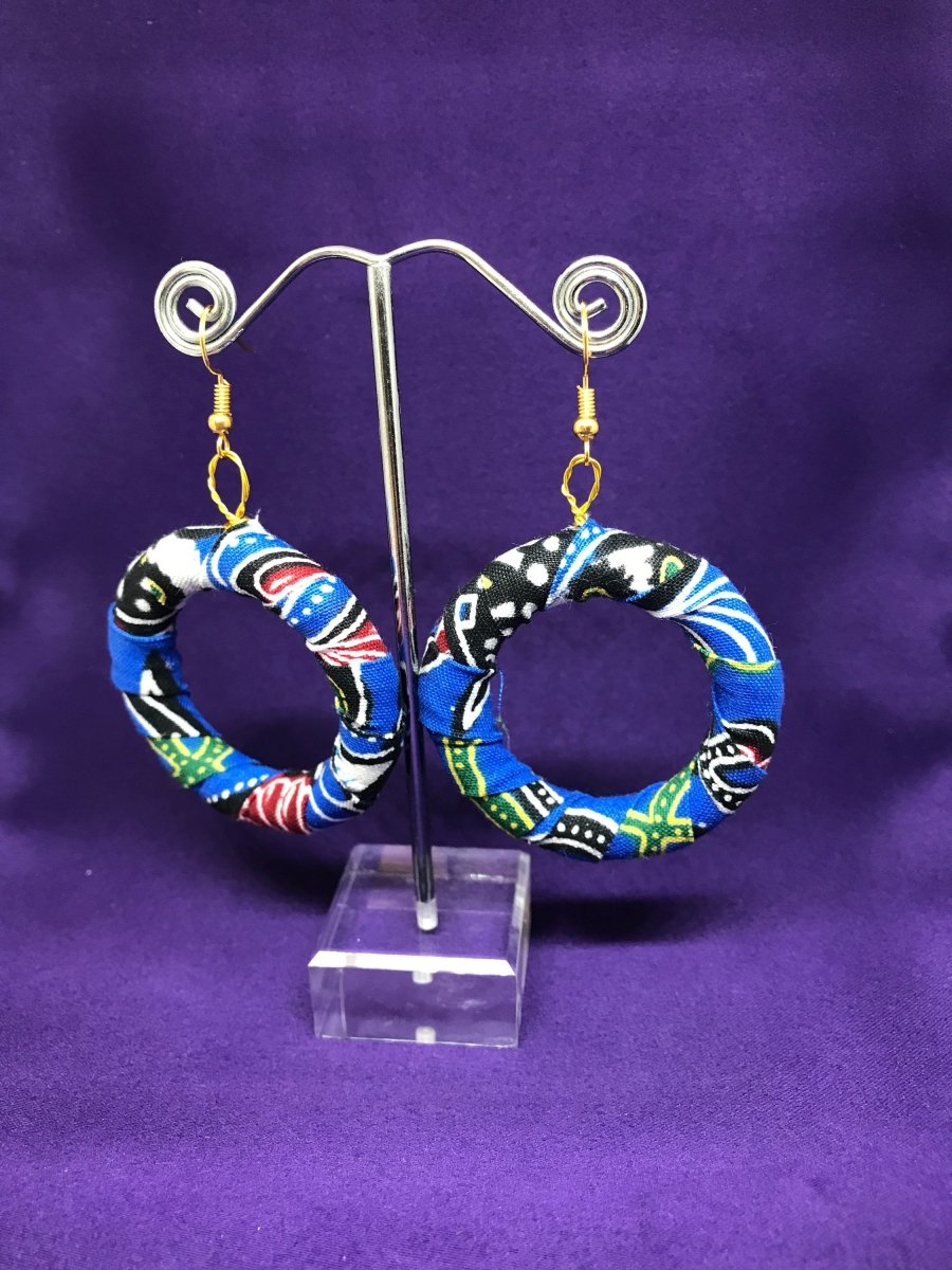 African Hoops in Blue Ankara Print - Up cycled Zero Waste Earrings - Continent Clothing