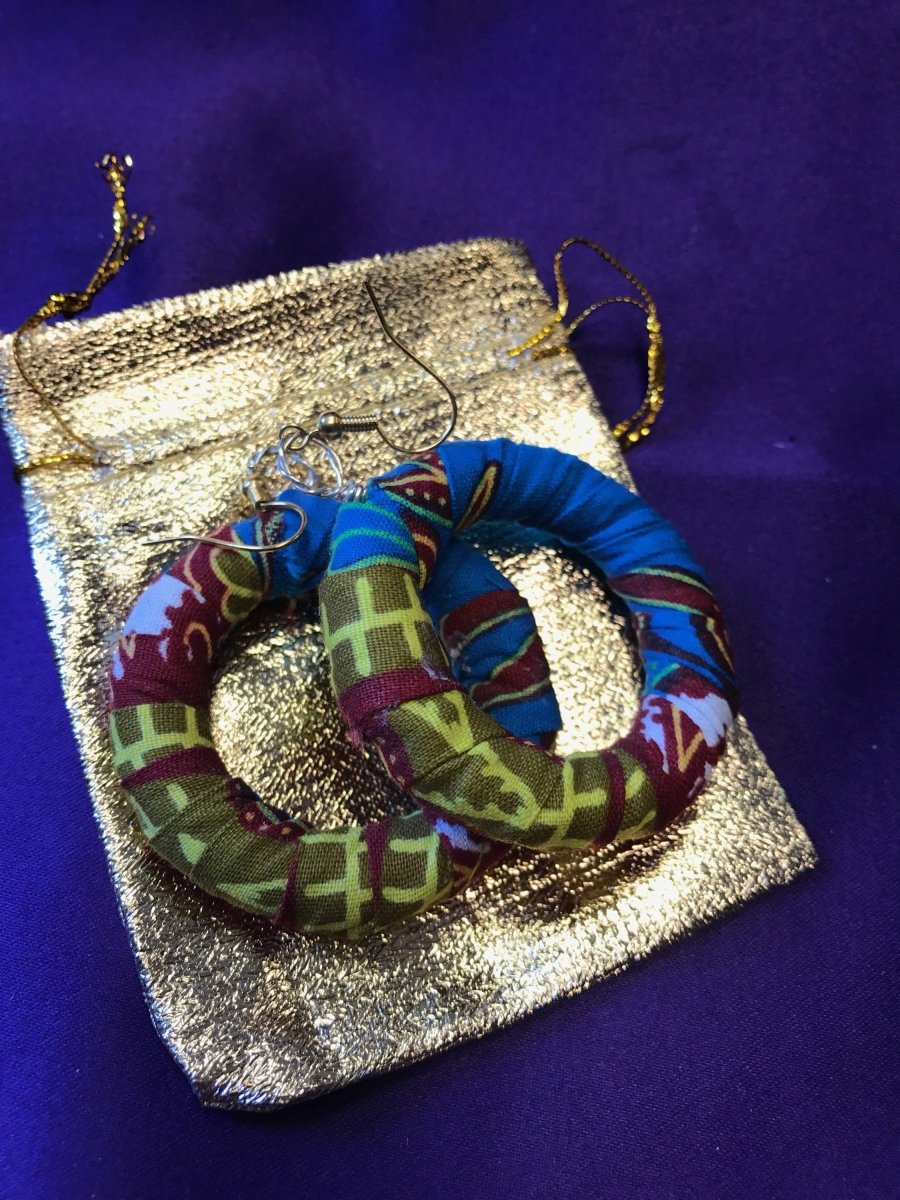 African Hoops in Blue Ankara Print - Up cycled Zero Waste Earrings - Continent Clothing