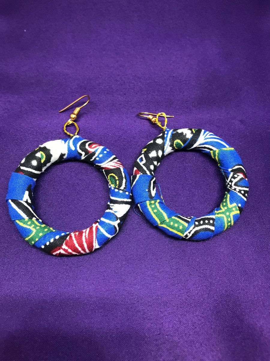 African Hoops in Blue Ankara Print - Up cycled Zero Waste Earrings - Continent Clothing