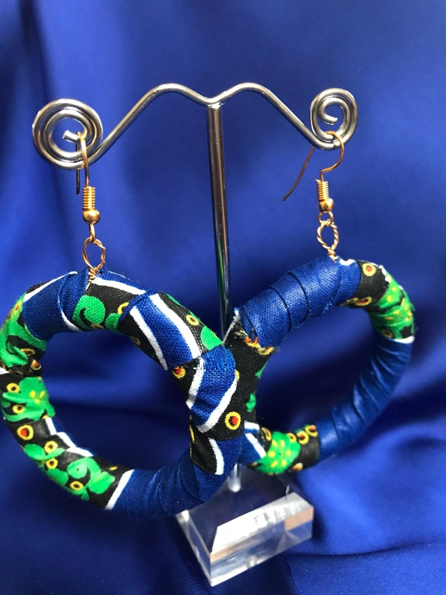 African Hoops in Blue Ankara Print - Up cycled Zero Waste Earrings - Continent Clothing 