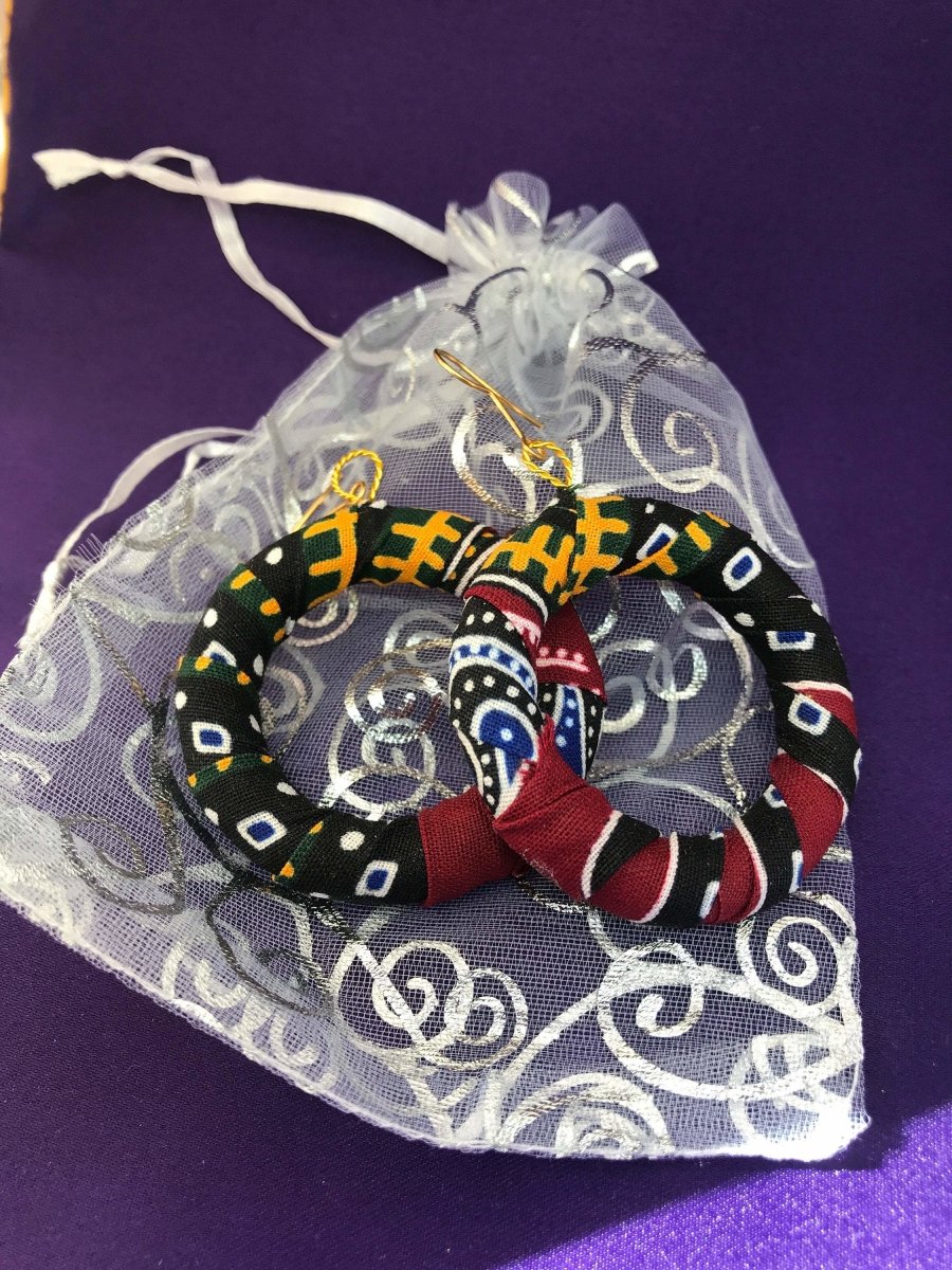 African Hoops in Blue Dashiki Print - Up cycled Zero Waste Earrings - Continent Clothing