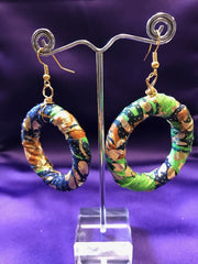 African Hoops in Gold Green Ankara Print - Up cycled Zero Waste Earrings - Continent Clothing