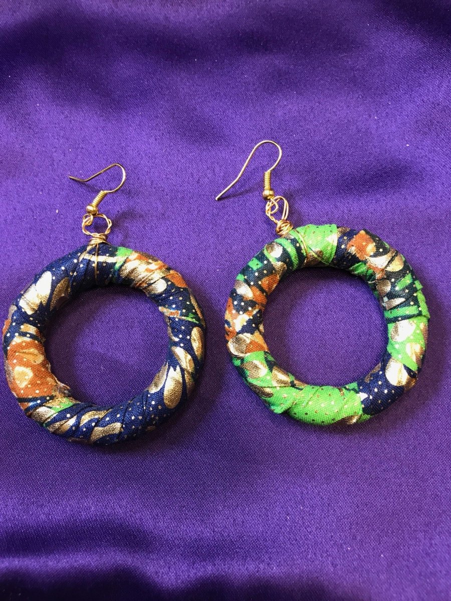 African Hoops in Gold Green Ankara Print - Up cycled Zero Waste Earrings - Continent Clothing