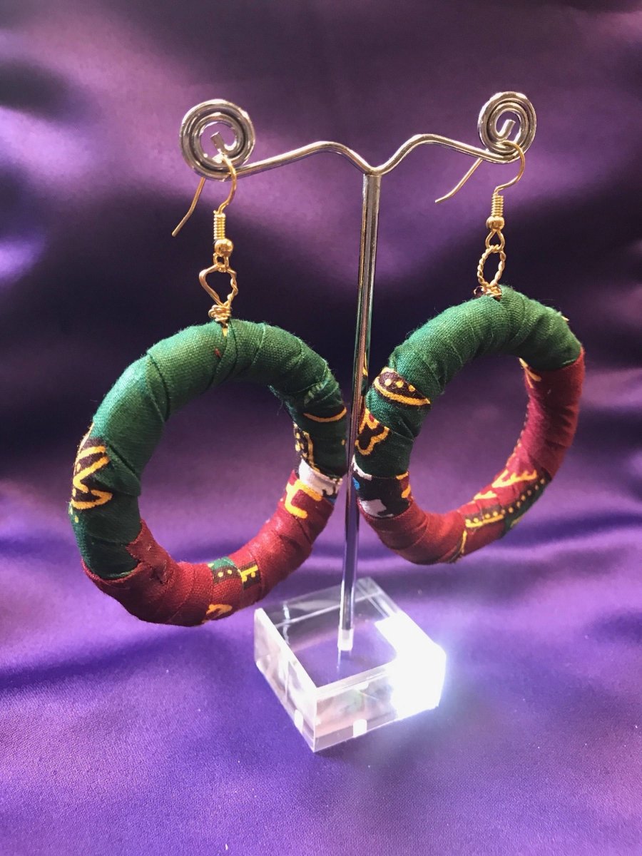 African Hoops in Red Dashiki Print - Up cycled Zero Waste Earrings - Continent Clothing