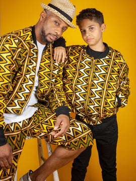 Giacca da bombardiere africana in bella stampa Brown Kente