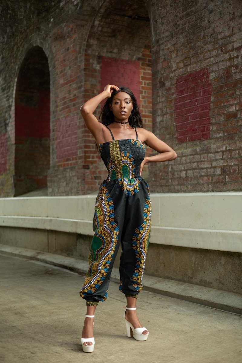 African Jumpsuit in Black Dashiki Print - Continent Clothing