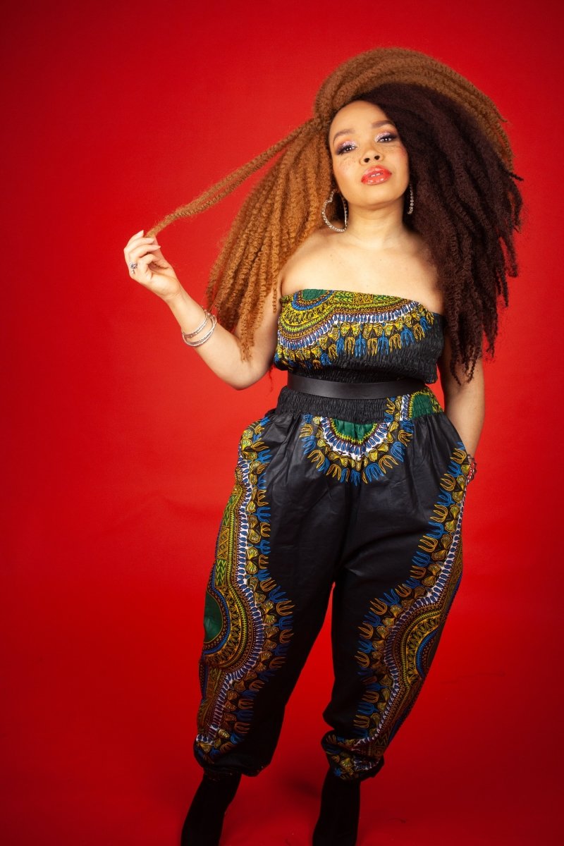 African Jumpsuit in Black Dashiki Print - Continent Clothing