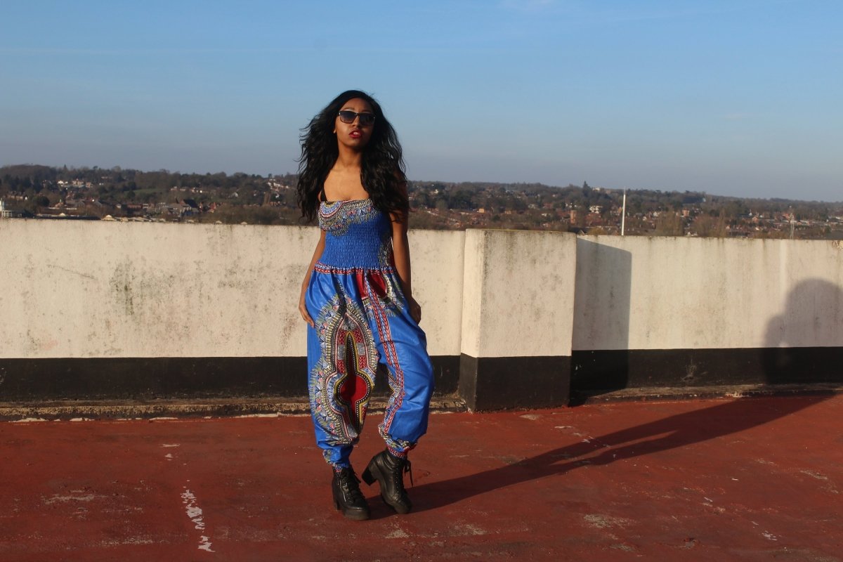 African Jumpsuit in Blue Dashiki Print - Continent Clothing 