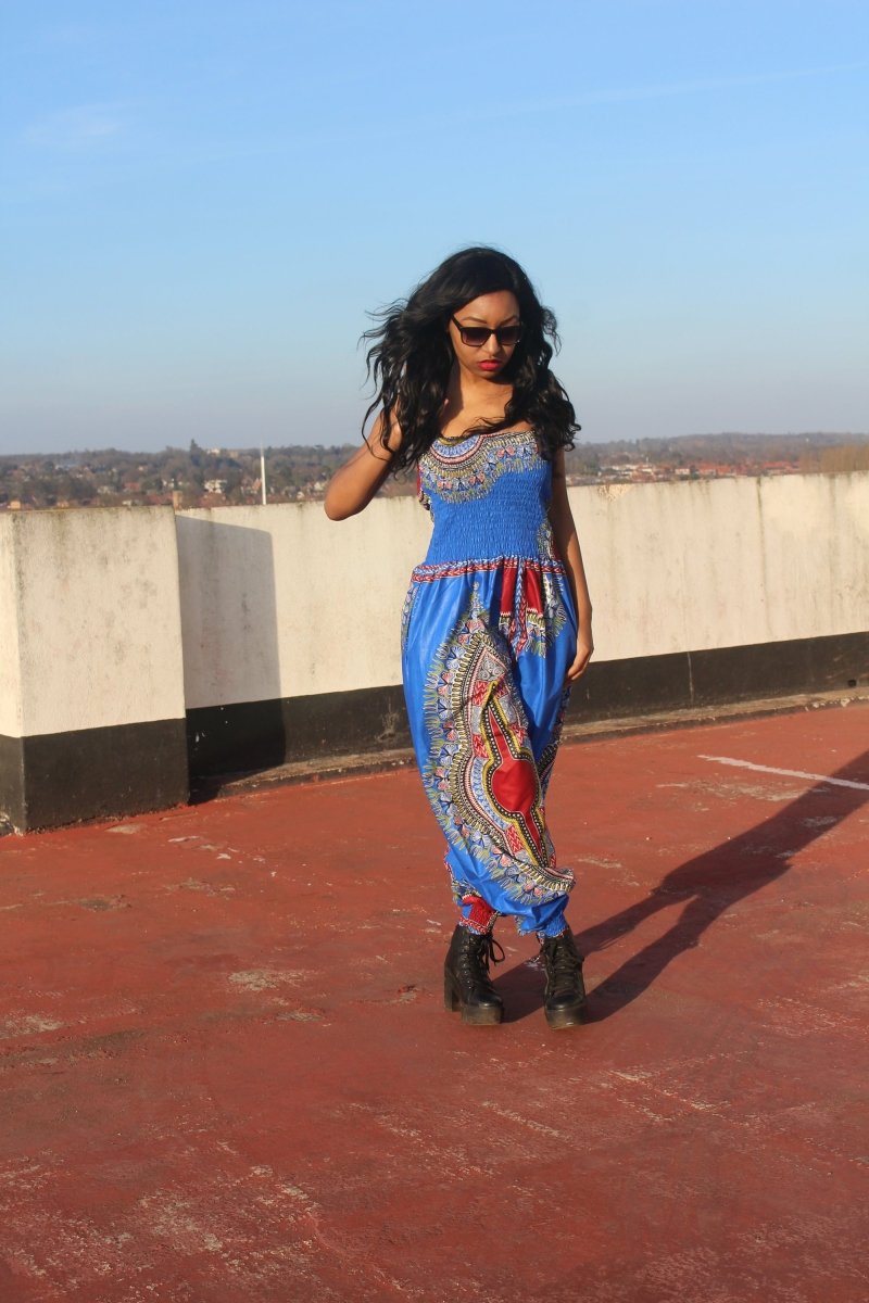 African Jumpsuit in Blue Dashiki Print - Continent Clothing 