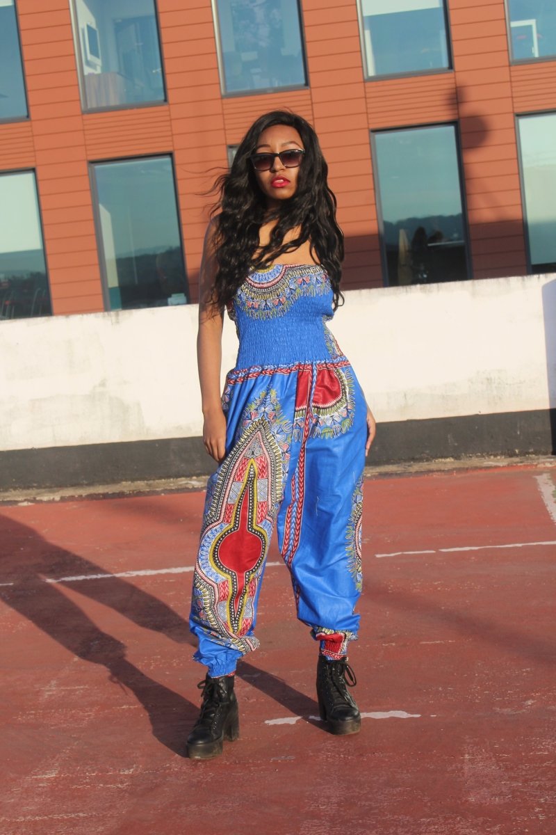 African Jumpsuit in Blue Dashiki Print - Continent Clothing