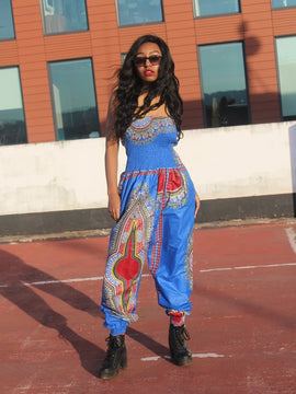Tuta africana con stampa Dashiki blu