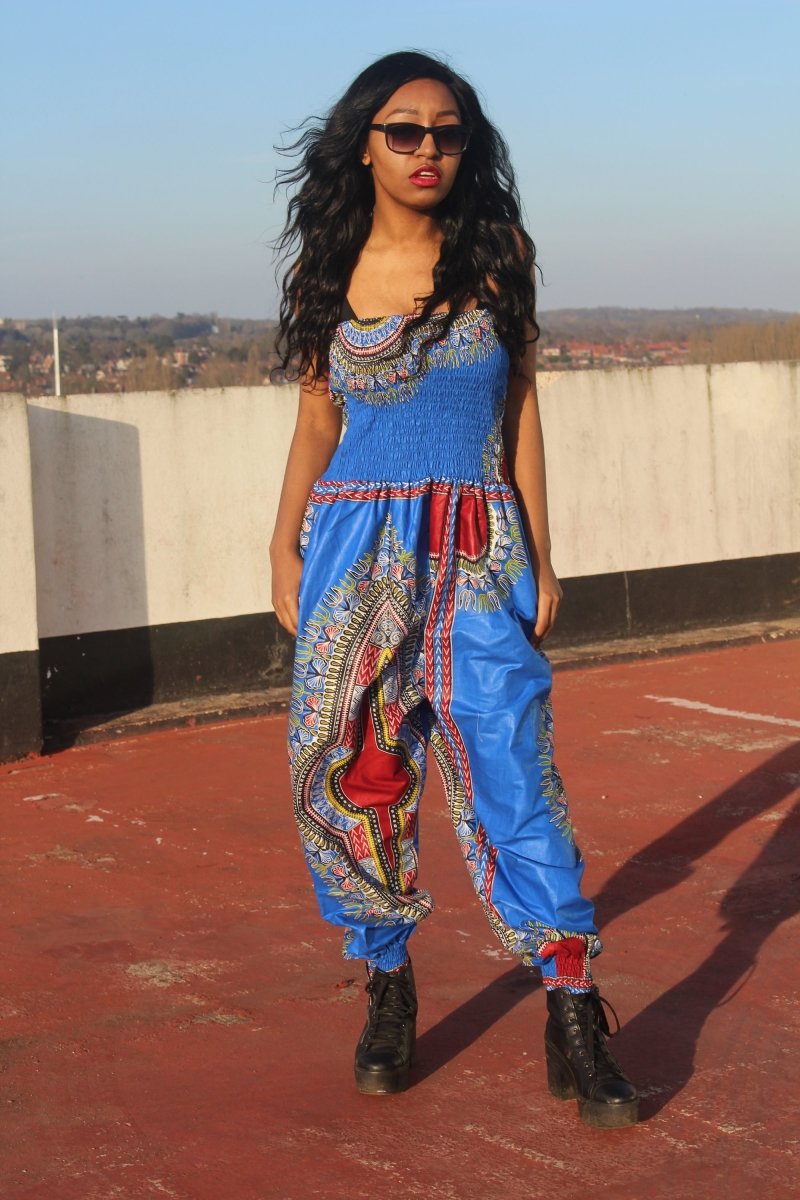 African Jumpsuit in Blue Dashiki Print - Continent Clothing 