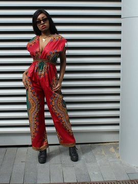 African Jumpsuit in Red Dashiki